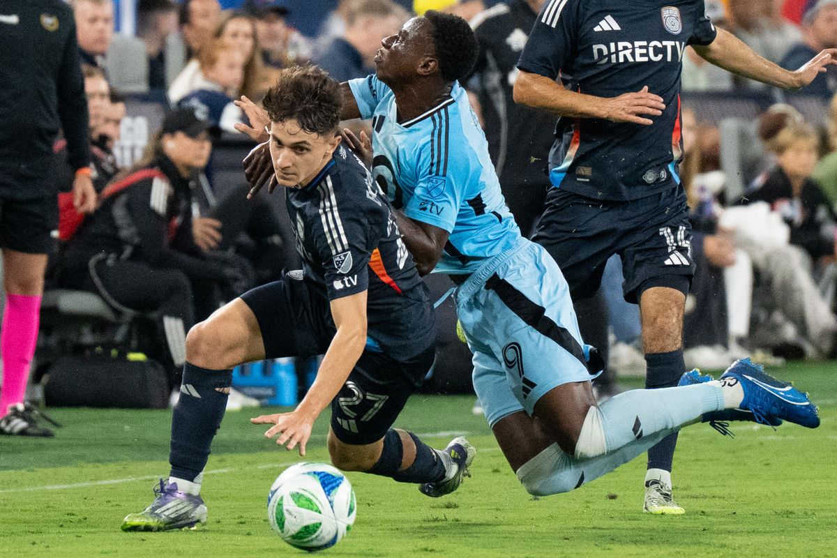 San Diego FC defender Luca Bombino (27) battles for the ball during an MLS soccer game against the Minnesota United FC, Saturday September 13, 2025 in San Diego, California.