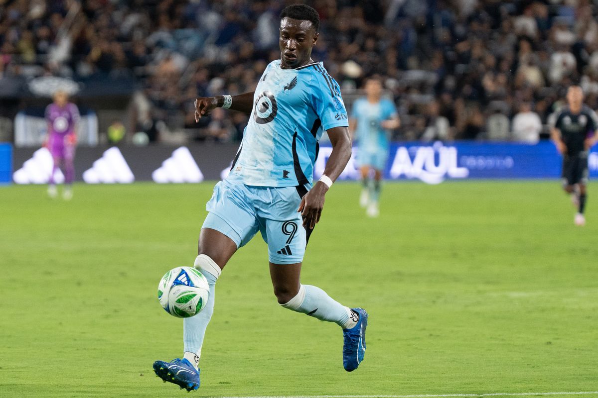 Minnesota United FC forward Kelvin Yeboah (9) controls the ball during an MLS soccer game against the San Diego FC, Saturday September 13, 2025 in San Diego, California.