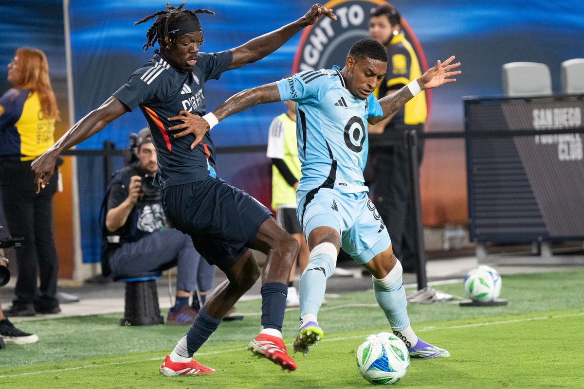 San Diego FC midfielder Manu Duah (26) battles for the ball during an MLS soccer game against the Minnesota United FC, Saturday September 13, 2025 in San Diego, California.