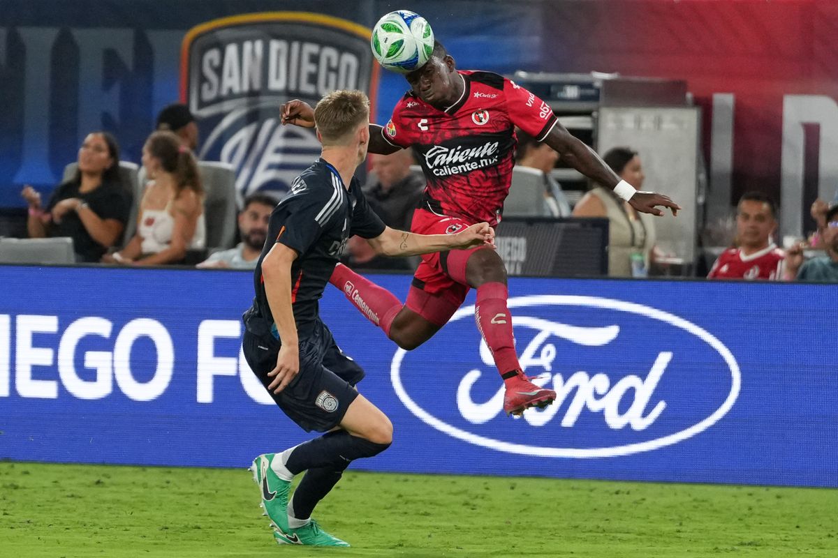Club Tijuana forward Adonis Preciado (11) heads the ball during an MLS soccer game against the San Diego FC, Tuesday September 16, 2025 in San Diego, California.