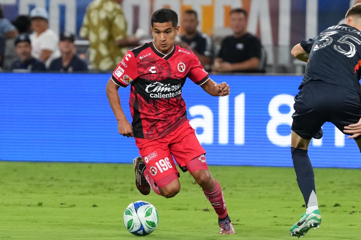 Club Tijuana forward Christian Castillo (196) dribbles the ball up the field during an MLS soccer game against the San Diego FC, Tuesday September 16, 2025 in San Diego, California.