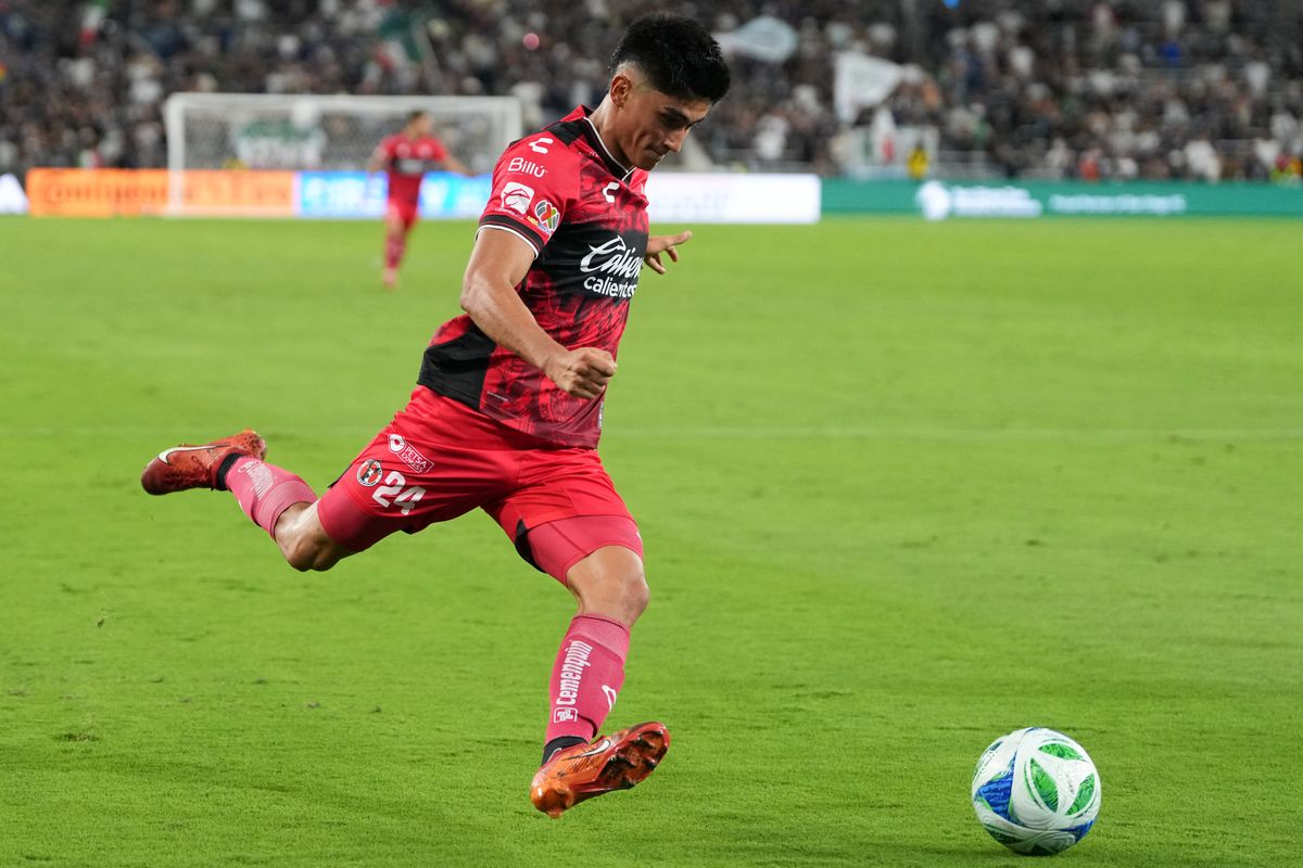 Club Tijuana defender David Osuna (24) crosses the ball during an MLS soccer game against the San Diego FC, Tuesday September 16, 2025 in San Diego, California.