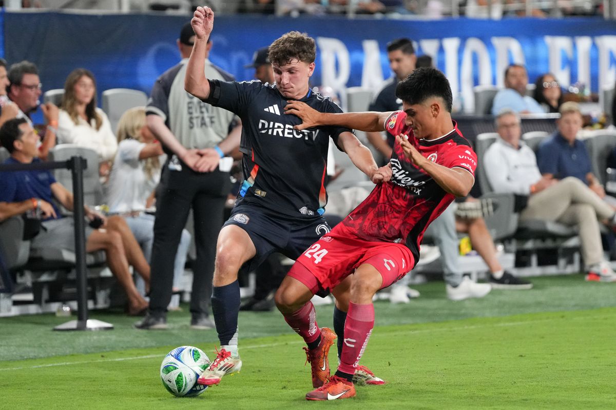 Club Tijuana defender David Osuna (24) battles for the ball during an MLS soccer game against the San Diego FC, Tuesday September 16, 2025 in San Diego, California.