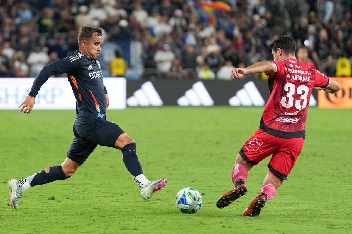 Club Tijuana defender Pablo Ortiz (33) battles for the ball during an MLS soccer game against the San Diego FC, Tuesday September 16, 2025 in San Diego, California.