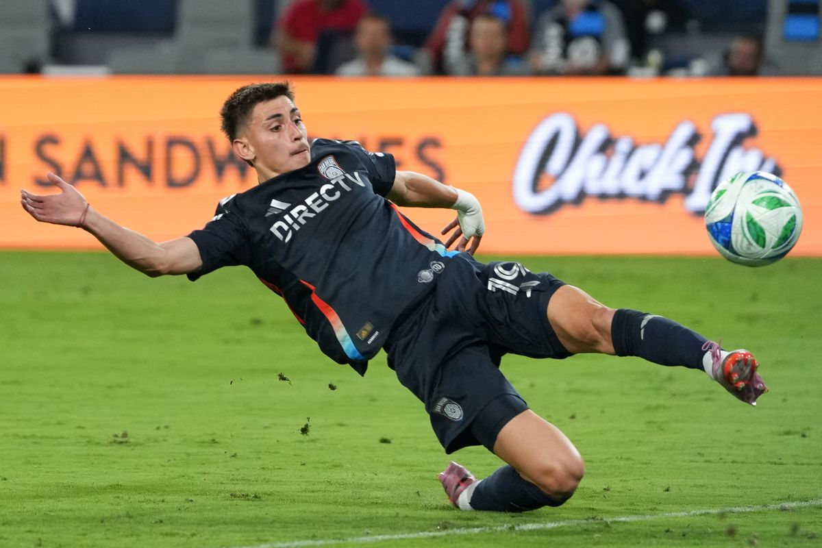 San Diego FC midfielder David Vazquez (19) shoots the ball during an MLS soccer game against the Club Tijuana, Tuesday September 16, 2025 in San Diego, California.