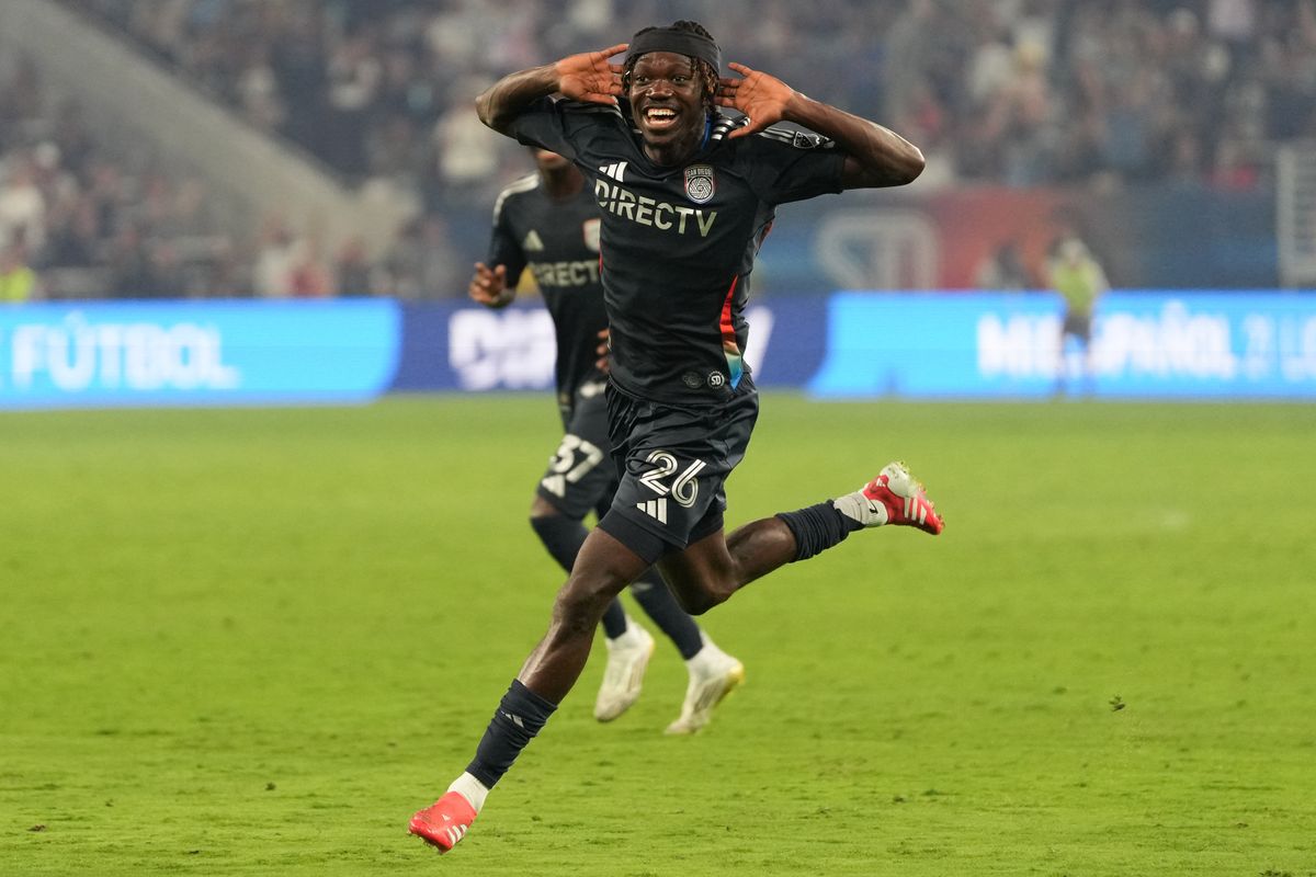 San Diego FC midfielder Manu Duah (26) celebrates after scoring a goal during an MLS soccer game against the Club Tijuana, Tuesday September 16, 2025 in San Diego, California.