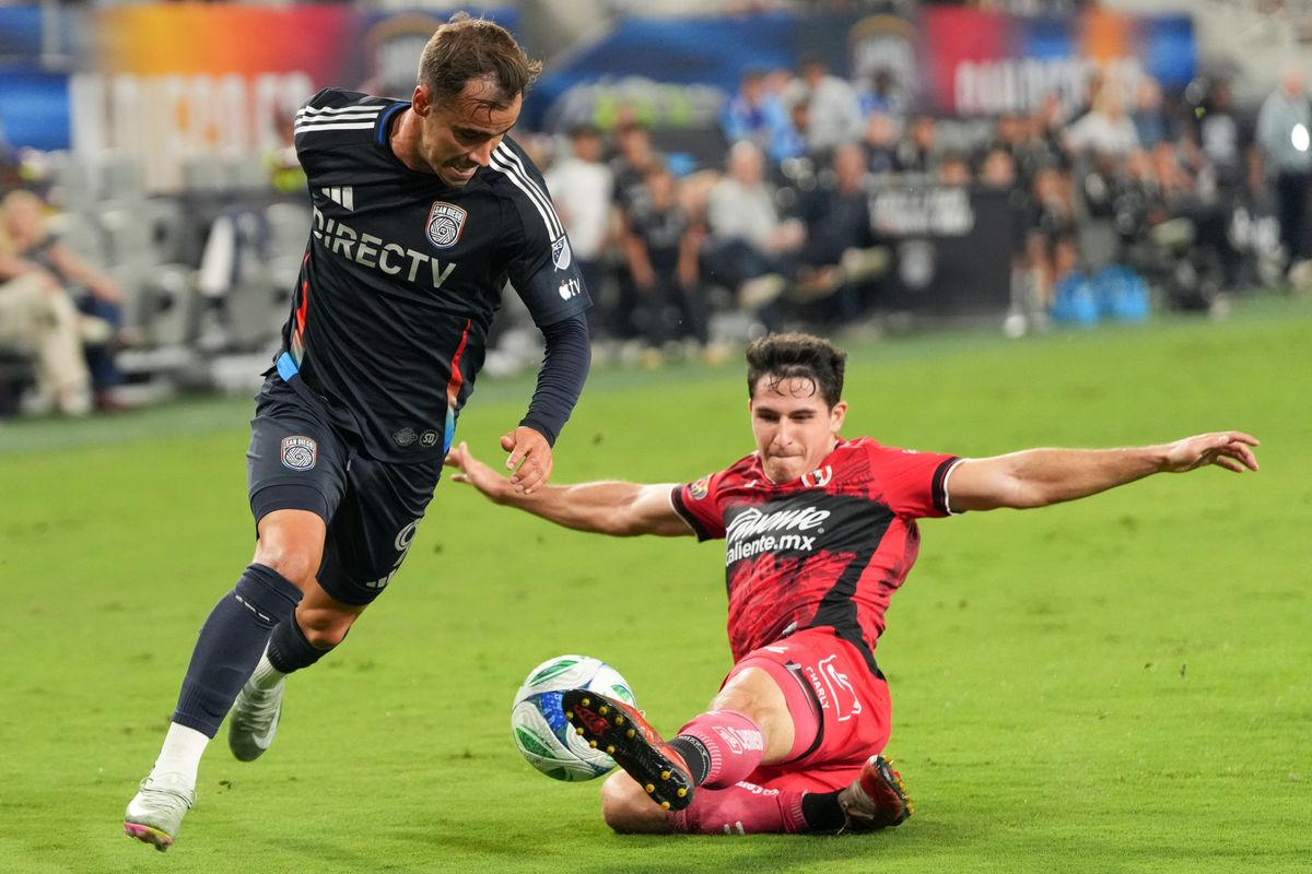 Club Tijuana defender Pablo Ortiz (33) slides for the ball during an MLS soccer game against the San Diego FC, Tuesday September 16, 2025 in San Diego, California.