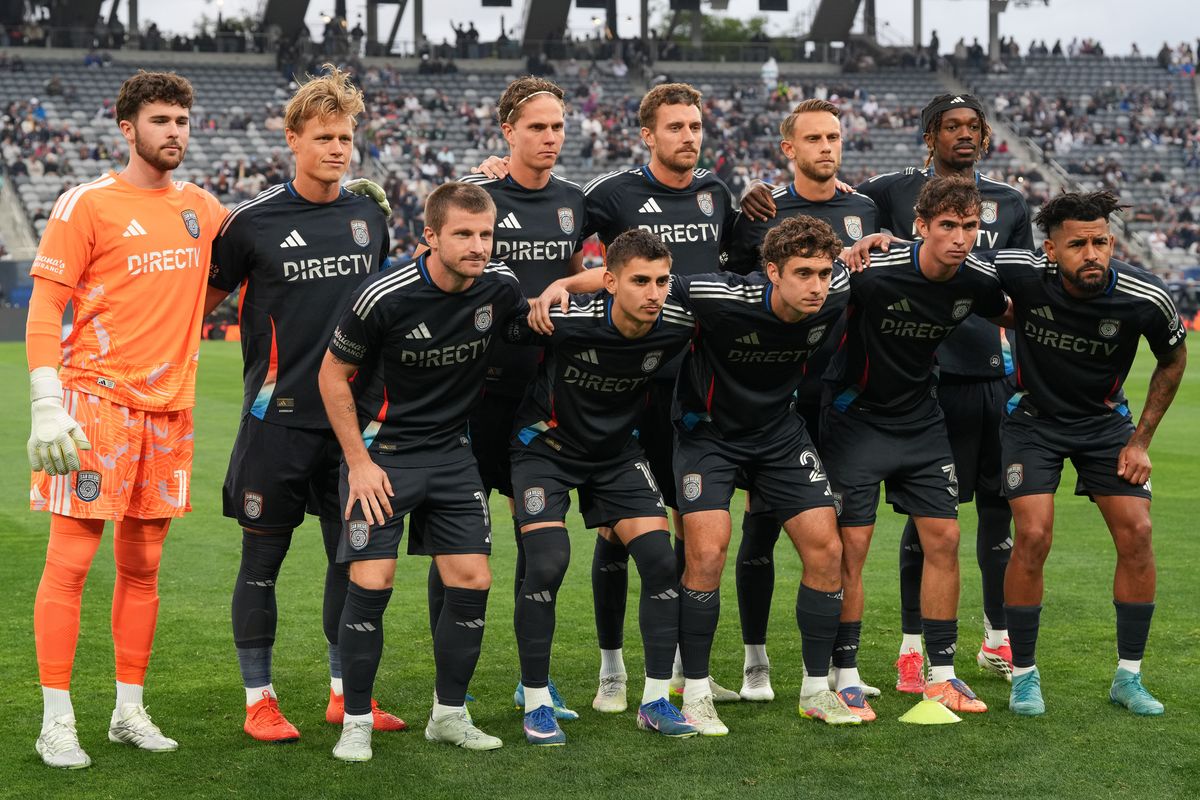 San Diego FC starting eleven get together for a photo before an MLS soccer game against the Portland Timbers, Saturday April 25, 2026 in San Diego, California.