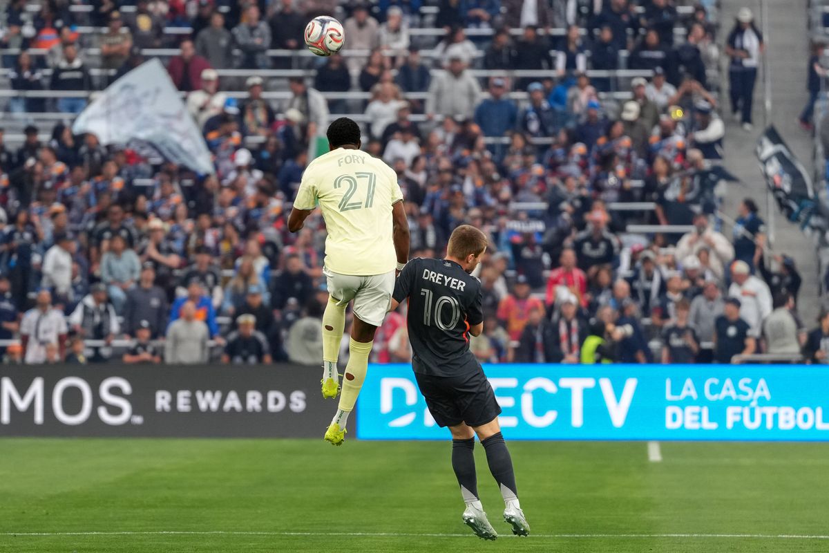 Portland Timbers midfielder Jimer Fory (27) heads the ball during an MLS soccer game against the San Diego FC, Saturday April 25, 2026 in San Diego, California.