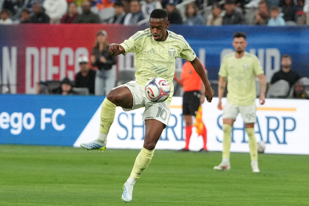 Portland Timbers midfielder David Da Costa (10) controls the ball during an MLS soccer game against the San Diego FC, Saturday April 25, 2026 in San Diego, California.