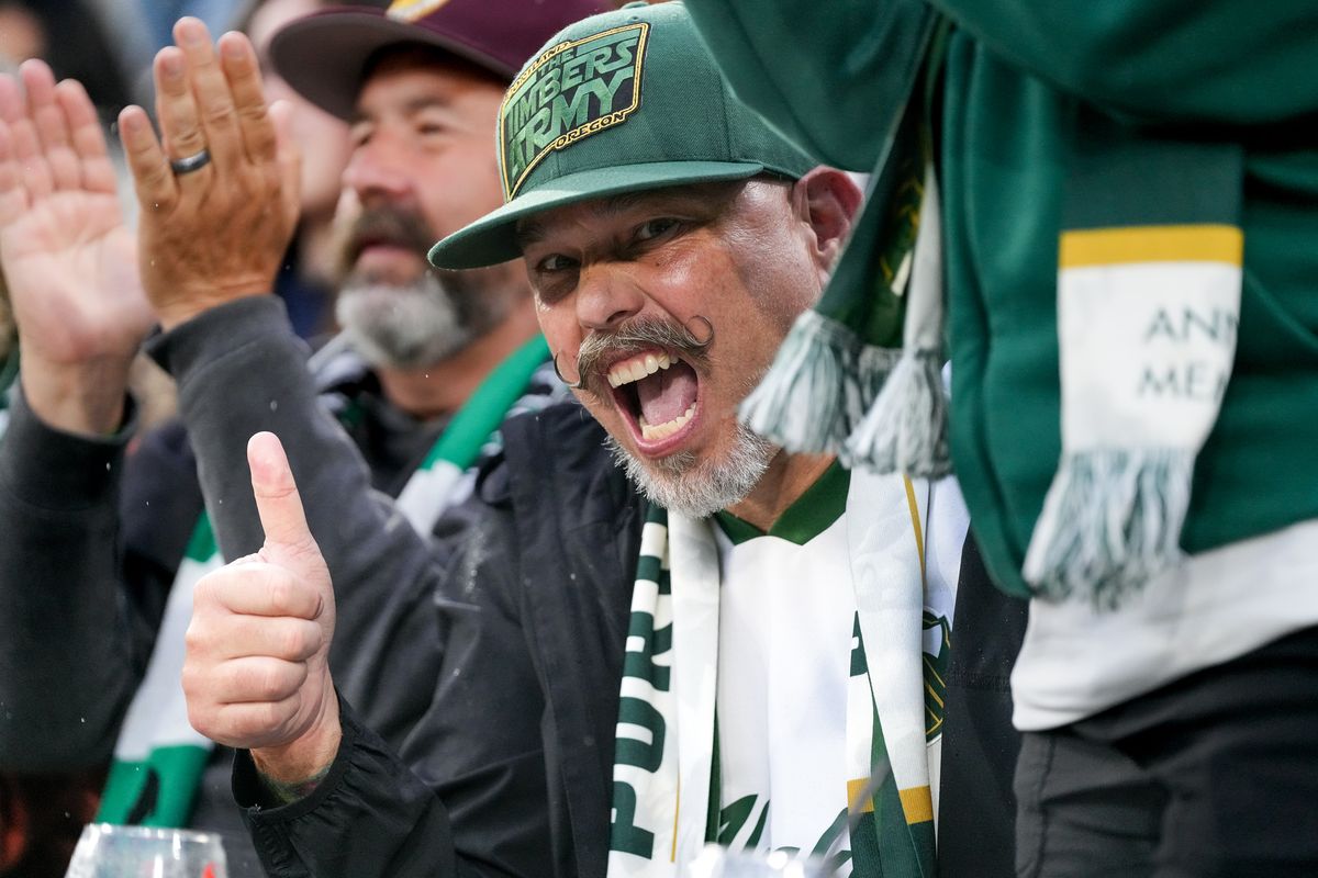 Portland Timbers fan celebrates after the Portland Timbers score during an MLS soccer game against the San Diego FC, Saturday April 25, 2026 in San Diego, California.