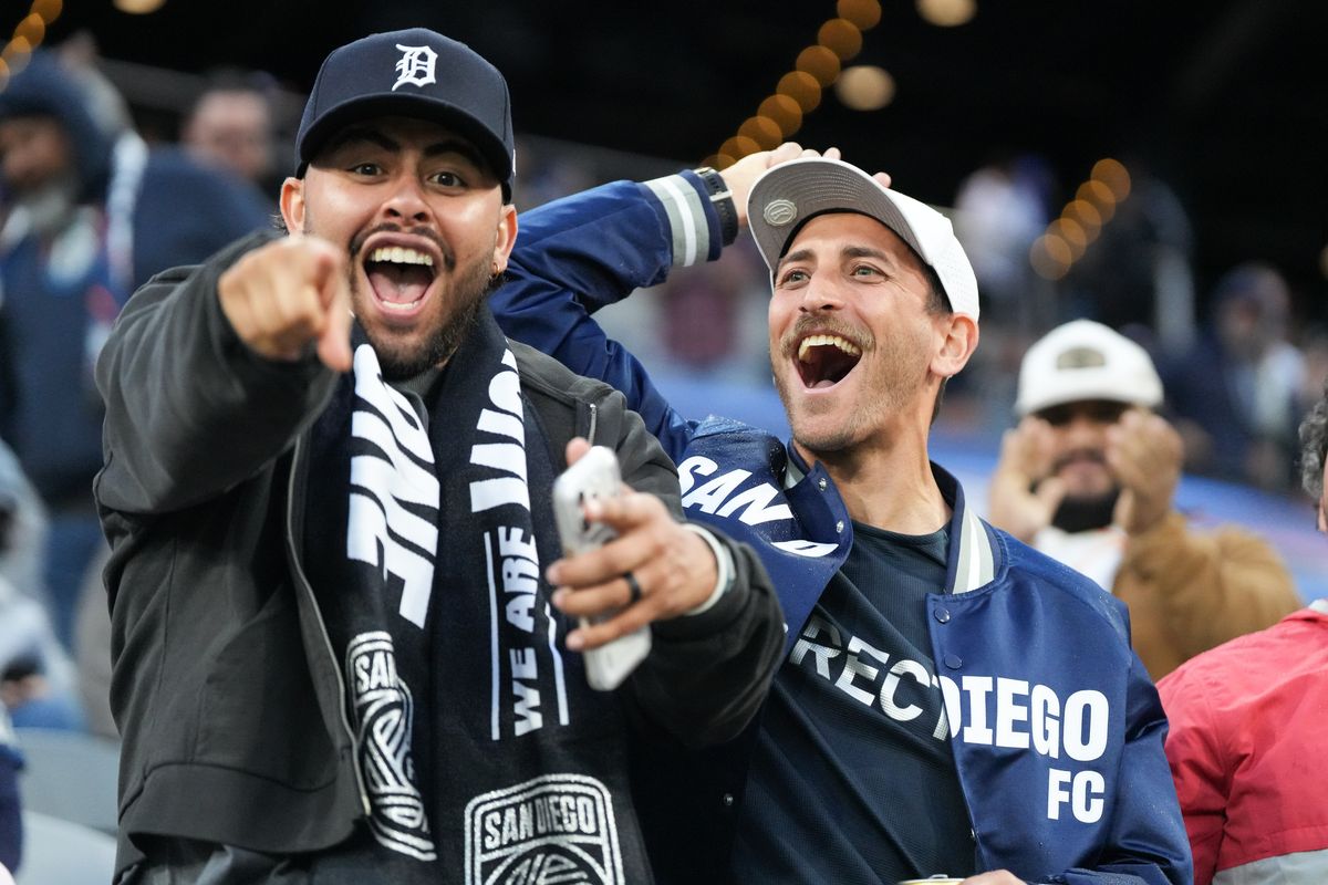 San Diego FC fans celebrate after a goal during an MLS soccer game against the Portland Timbers, Saturday April 25, 2026 in San Diego, California.