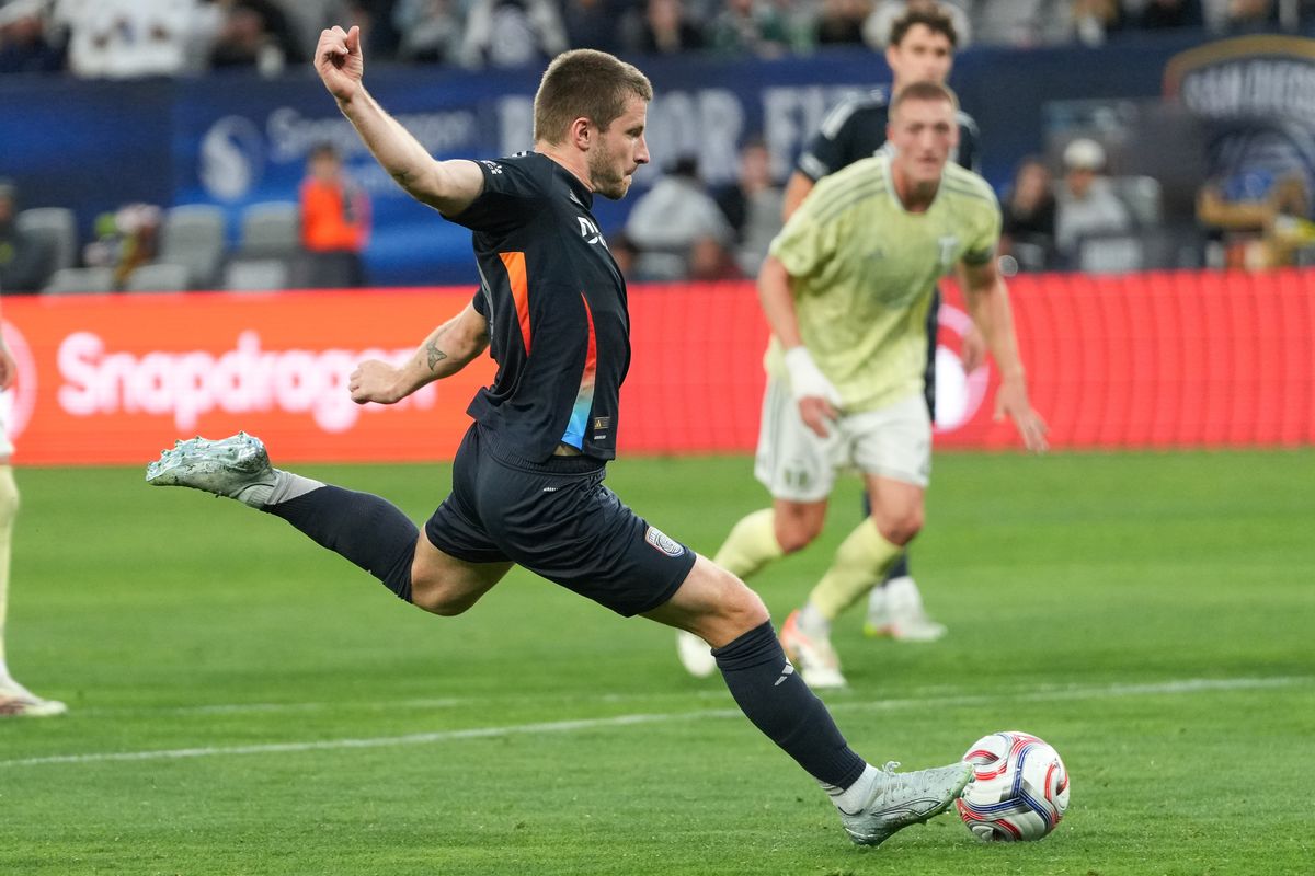 San Diego FC winger Anders Dreyer (10) shoots a penalty kick during an MLS soccer game against the Portland Timbers, Saturday April 25, 2026 in San Diego, California.