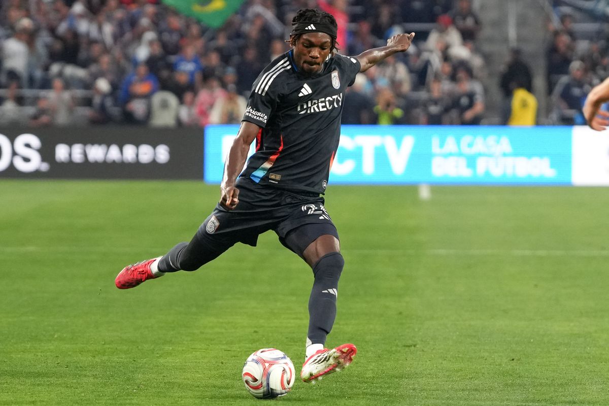 San Diego FC midfielder Manu Duah (26) shoots the ball during an MLS soccer game against the Portland Timbers, Saturday April 25, 2026 in San Diego, California.