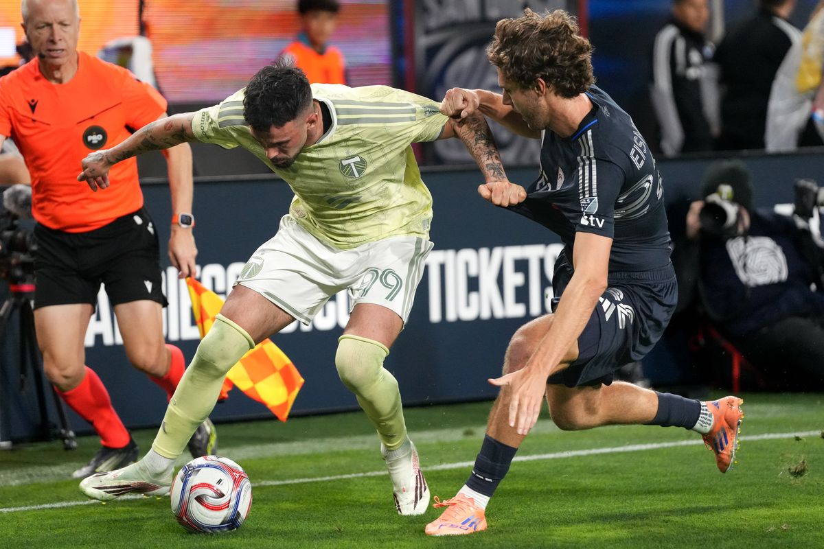 Portland Timbers forward Kristoffer Velde (99) battles for the ball during an MLS soccer game against the San Diego FC, Saturday April 25, 2026 in San Diego, California.