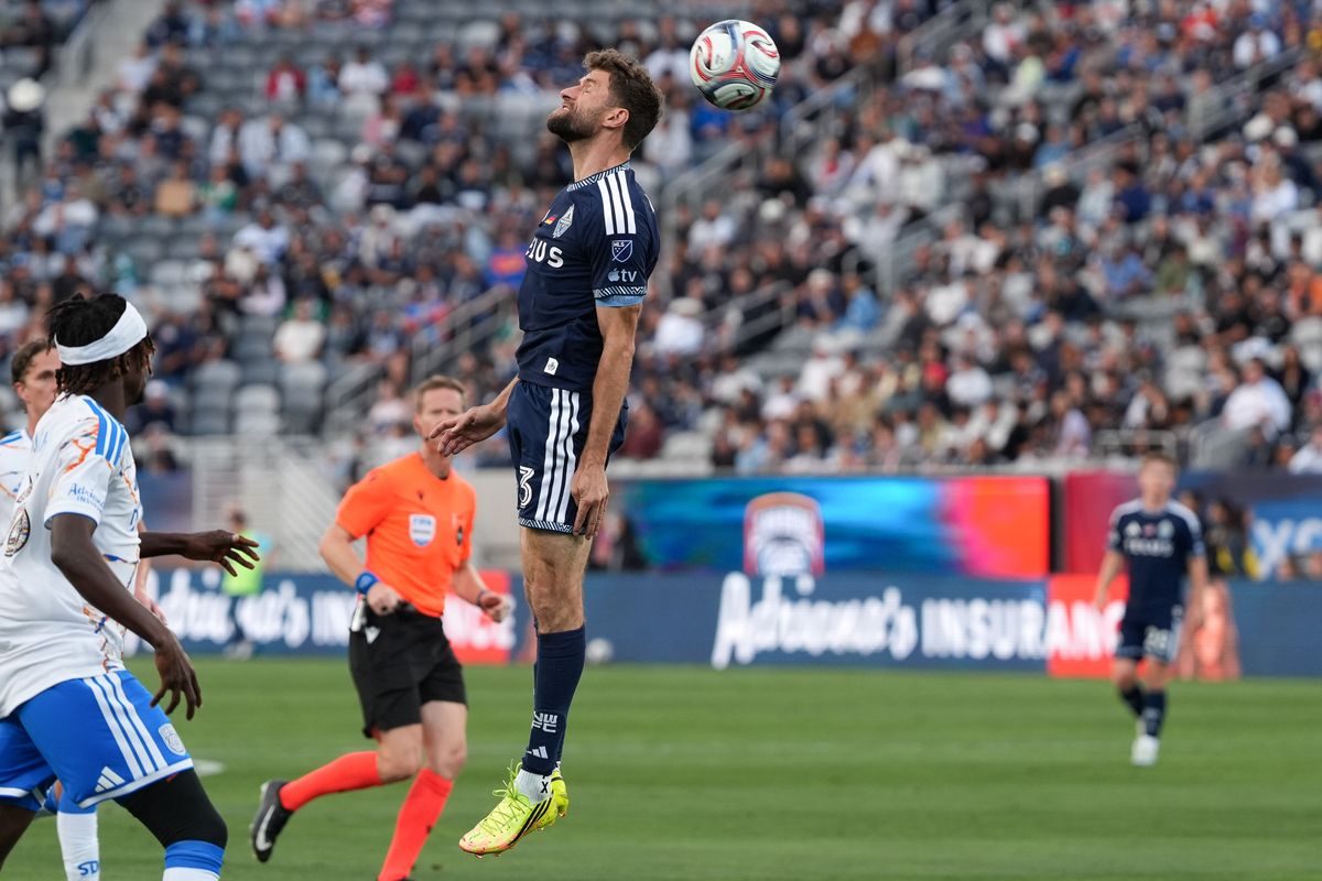 Vancouver Whitecaps forward Thomas Müller (13) heads the ball during an MLS soccer game against the San Diego FC, Saturday May 23, 2026 in San Diego, California.