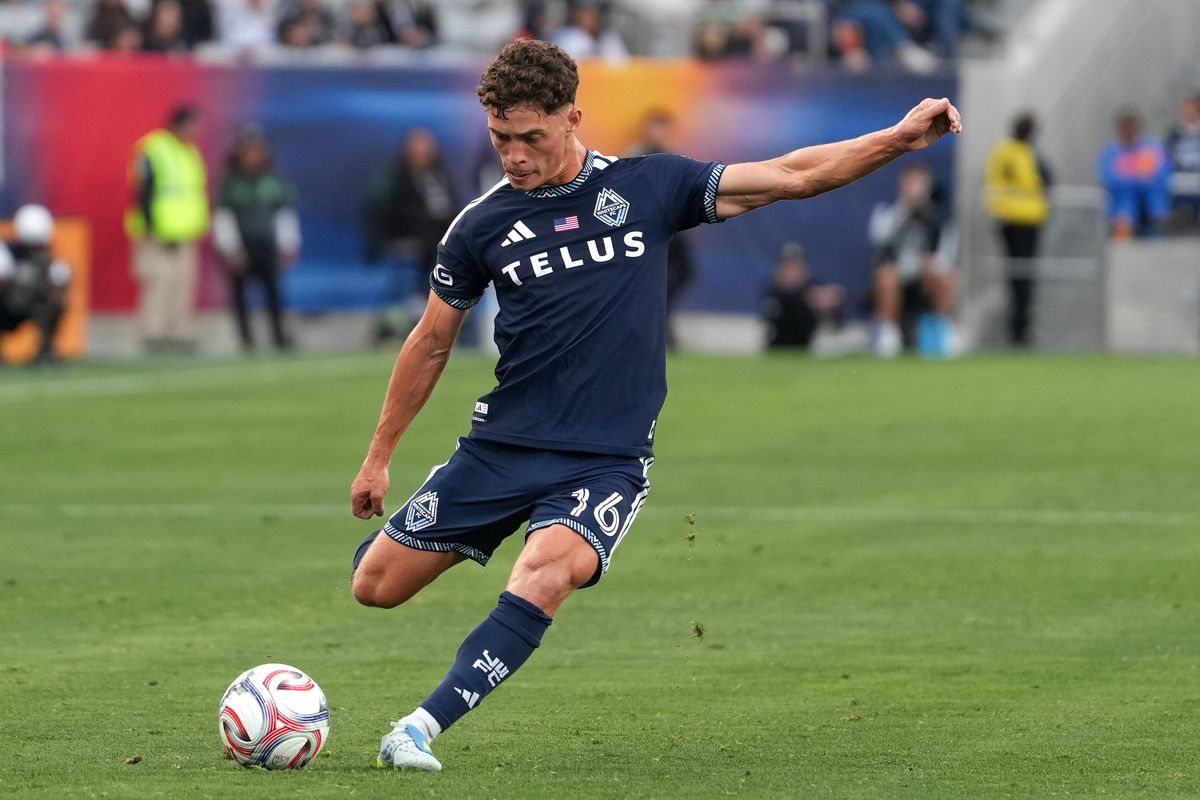 Vancouver Whitecaps midfielder Sebastian Berhalter (16) takes a free kick during an MLS soccer game against the San Diego FC, Saturday May 23, 2026 in San Diego, California.