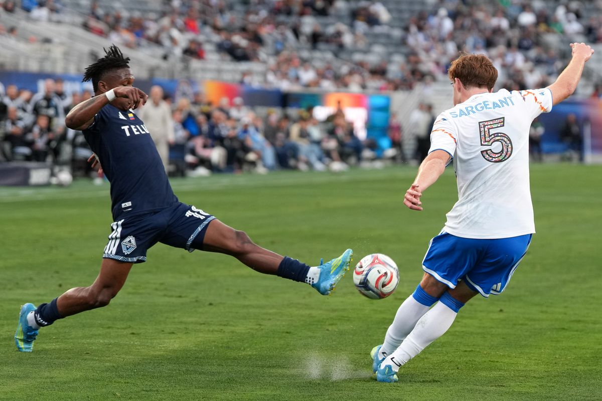 San Diego FC defender Kieran Sargeant (5) kicks the ball up field during an MLS soccer game against the Vancouver Whitecaps, Saturday May 23, 2026 in San Diego, California.