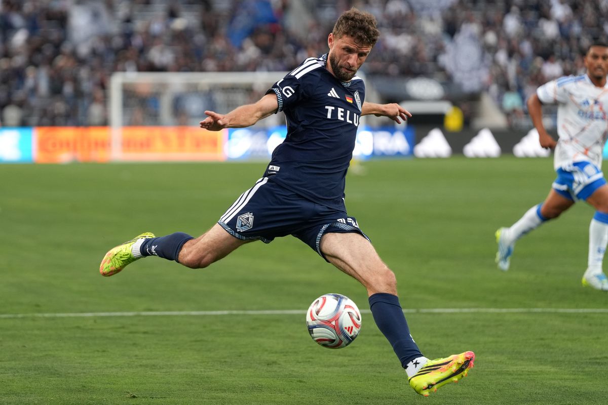 Vancouver Whitecaps forward Thomas Müller (13) shoots the ball during an MLS soccer game against the San Diego FC, Saturday May 23, 2026 in San Diego, California.