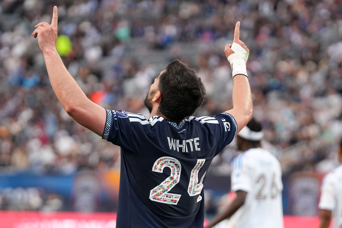 Vancouver Whitecaps forward Brian White (24) celebrates after scoring goal during an MLS soccer game against the San Diego FC, Saturday May 23, 2026 in San Diego, California.
