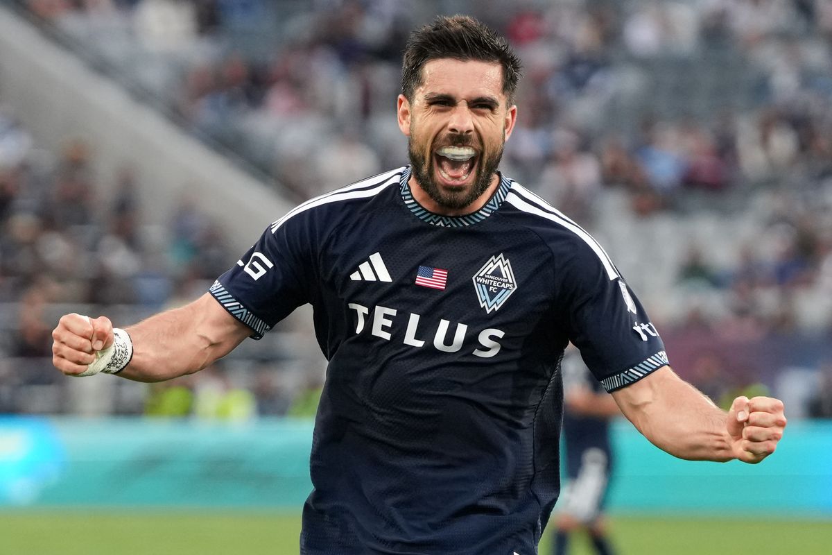 Vancouver Whitecaps forward Brian White (24) celebrates after scoring a goal during an MLS soccer game against the San Diego FC, Saturday May 23, 2026 in San Diego, California.