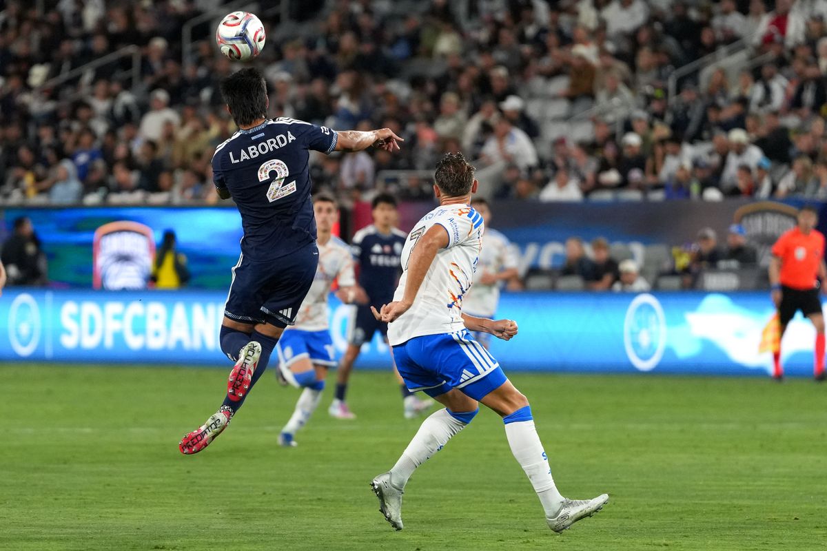 Vancouver Whitecaps defender Mathías Laborda (2) heads the ball during an MLS soccer game against the San Diego FC, Saturday May 23, 2026 in San Diego, California.