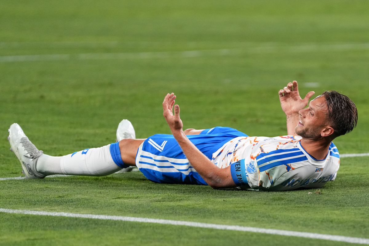 San Diego FC forward Marcus Ingvartsen (7) looks for a foul during an MLS soccer game against the Vancouver Whitecaps, Saturday May 23, 2026 in San Diego, California.