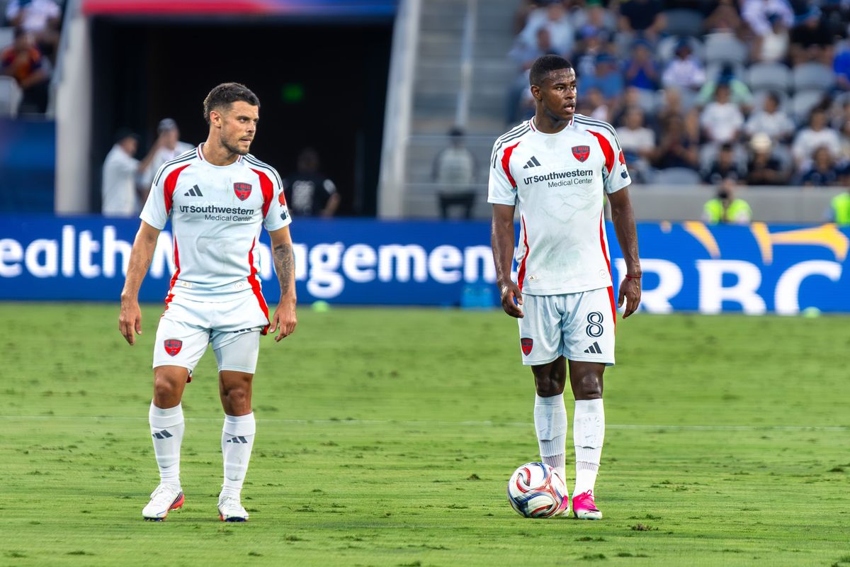 FC Dallas midfielders Joaquín Valiente (21) and Patrickson Delgado (8) set up a free kick during an MLS soccer game against San Diego FC, Saturday, July 25, 2026 in San Diego, California. FC Dallas midfielders Joaquín Valiente (21) and Patrickson Delgado (8) set up a free kick during an MLS soccer game against San Diego FC, Saturday, July 25, 2026 in San Diego, California.