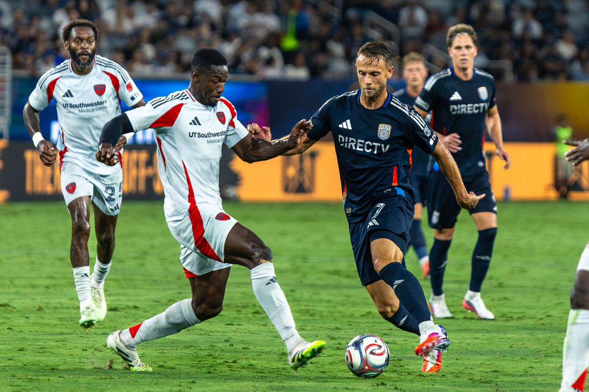 San Diego FC forward Marcus Ingvartsen (7) challenges FC Dallas defender Osaze Urhoghide (3) during an MLS soccer game, Saturday, July 25, 2026 in San Diego, California. San Diego FC forward Marcus Ingvartsen (7) challenges FC Dallas defender Osaze Urhoghide (3) during an MLS soccer game, Saturday, July 25, 2026 in San Diego, California.