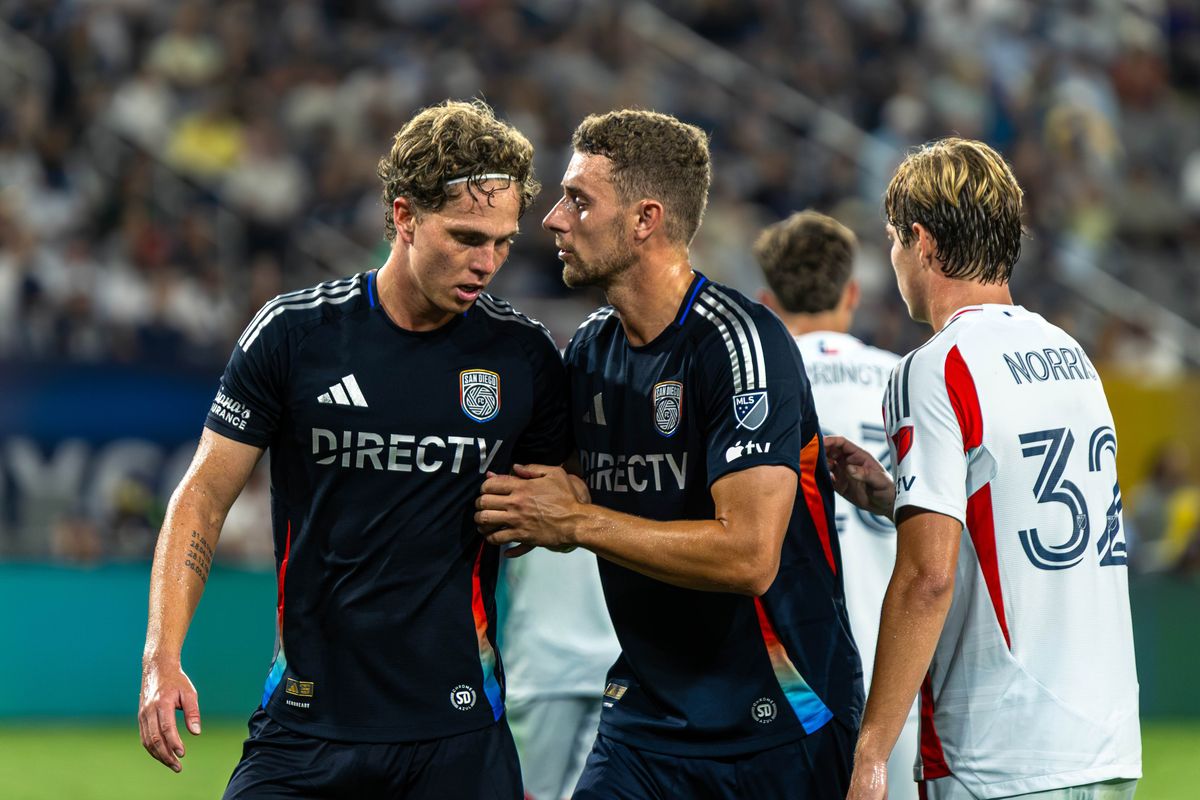 San Diego FC midfielder Onni Valakari (8) and defender Christopher McVey talking before a corner kick during an MLS soccer game against FC Dallas, Saturday, July 25, 2026 in San Diego, California. San Diego FC midfielder Onni Valakari (8) and defender Christopher McVey talking before a corner kick during an MLS soccer game against FC Dallas, Saturday, July 25, 2026 in San Diego, California.