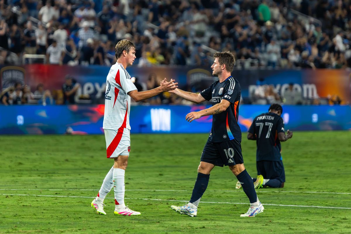San Diego FC forward Anders Dreyer (10) handshakes FC Dallas defender Nolan Norris (32) during an MLS soccer game, Saturday, July 25, 2026 in San Diego, California. San Diego FC forward Anders Dreyer (10) handshakes FC Dallas defender Nolan Norris (32) during an MLS soccer game, Saturday, July 25, 2026 in San Diego, California.