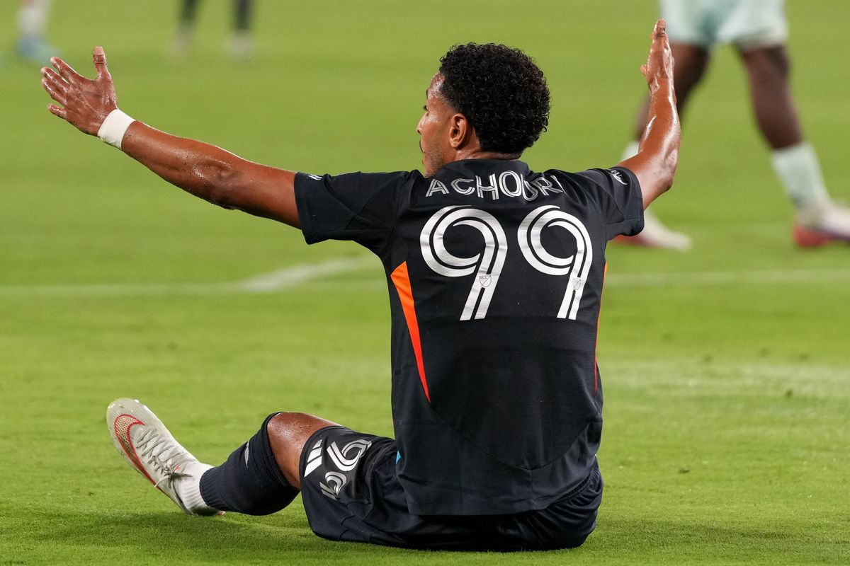 San Diego FC forward Elias Achouri (99) puts his hands up for a foul during an MLS soccer game against the Colorado Rapids, Saturday August 22, 2026 in San Diego, California. San Diego FC forward Elias Achouri (99) puts his hands up for a foul during an MLS soccer game against the Colorado Rapids, Saturday August 22, 2026 in San Diego, California.