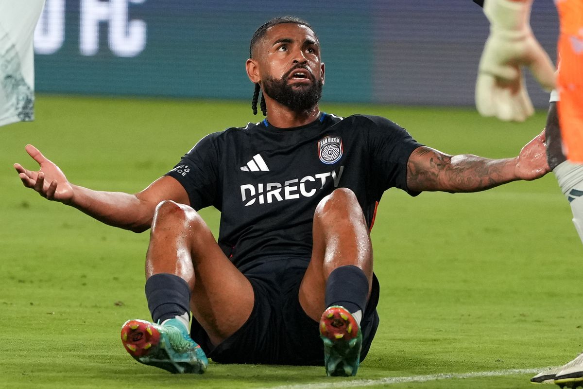 San Diego FC midfielder Aníbal Godoy (20) upset after being pushed in the box during an MLS soccer game against the Colorado Rapids, Saturday August 22, 2026 in San Diego, California. San Diego FC midfielder Aníbal Godoy (20) upset after being pushed in the box during an MLS soccer game against the Colorado Rapids, Saturday August 22, 2026 in San Diego, California.