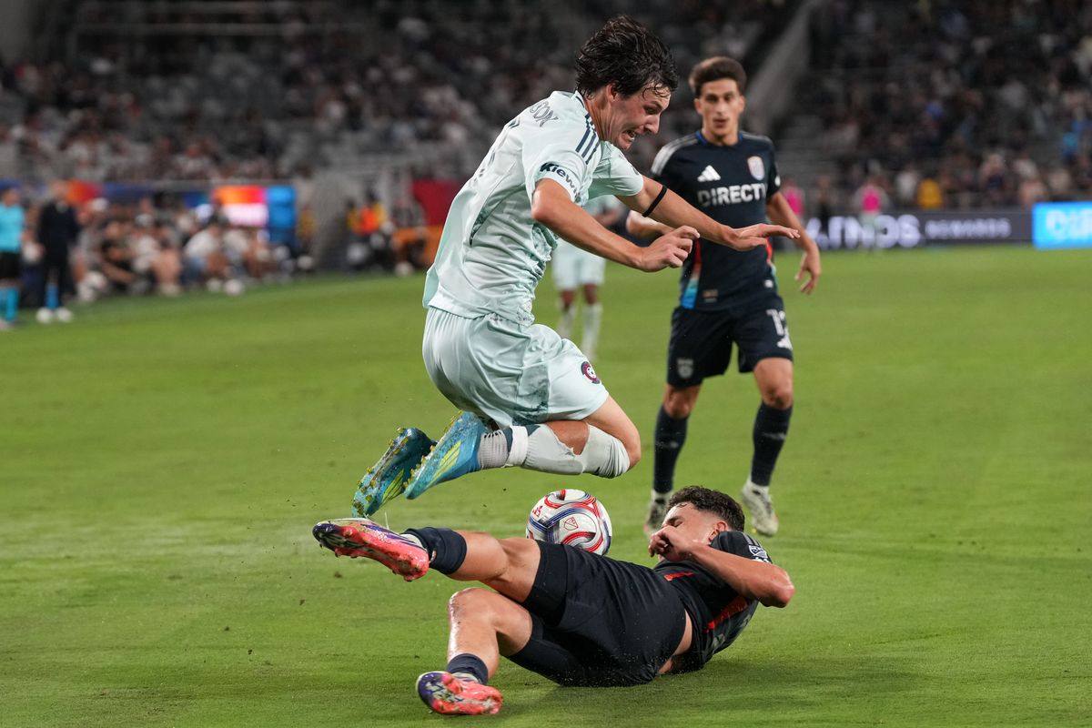San Diego FC defender Luca Bombino (27) slides for the ball during an MLS soccer game against the Colorado Rapids, Saturday August 22, 2026 in San Diego, California. San Diego FC defender Luca Bombino (27) slides for the ball during an MLS soccer game against the Colorado Rapids, Saturday August 22, 2026 in San Diego, California.