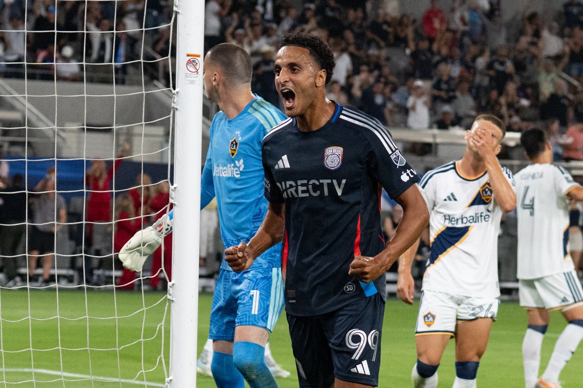 San Diego FC midfielder Elias Achouri (99) celebrates after scroing a goal during an MLS match between Los Angeles Galaxy and San Diego SC on Saturday, August 29, 2026 at Snapdragon Stadium in San Diego, California. San Diego FC midfielder Elias Achouri (99) celebrates after scroing a goal during an MLS match between Los Angeles Galaxy and San Diego SC on Saturday, August 29, 2026 at Snapdragon Stadium in San Diego, California.