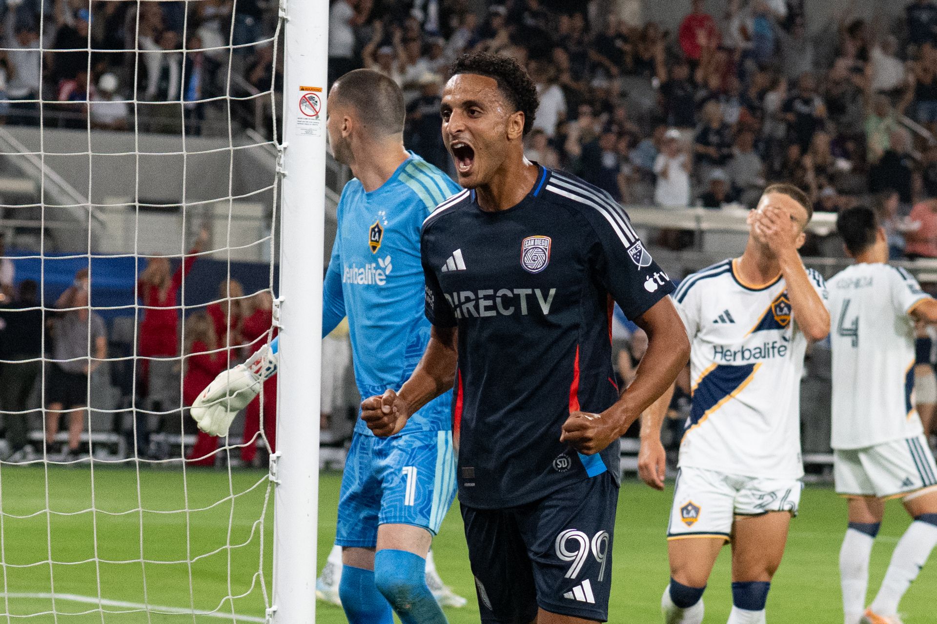 San Diego FC midfielder Elias Achouri (99) celebrates after scroing a goal during an MLS match between Los Angeles Galaxy and San Diego SC on Saturday, August 29, 2026 at Snapdragon Stadium in San Diego, California.