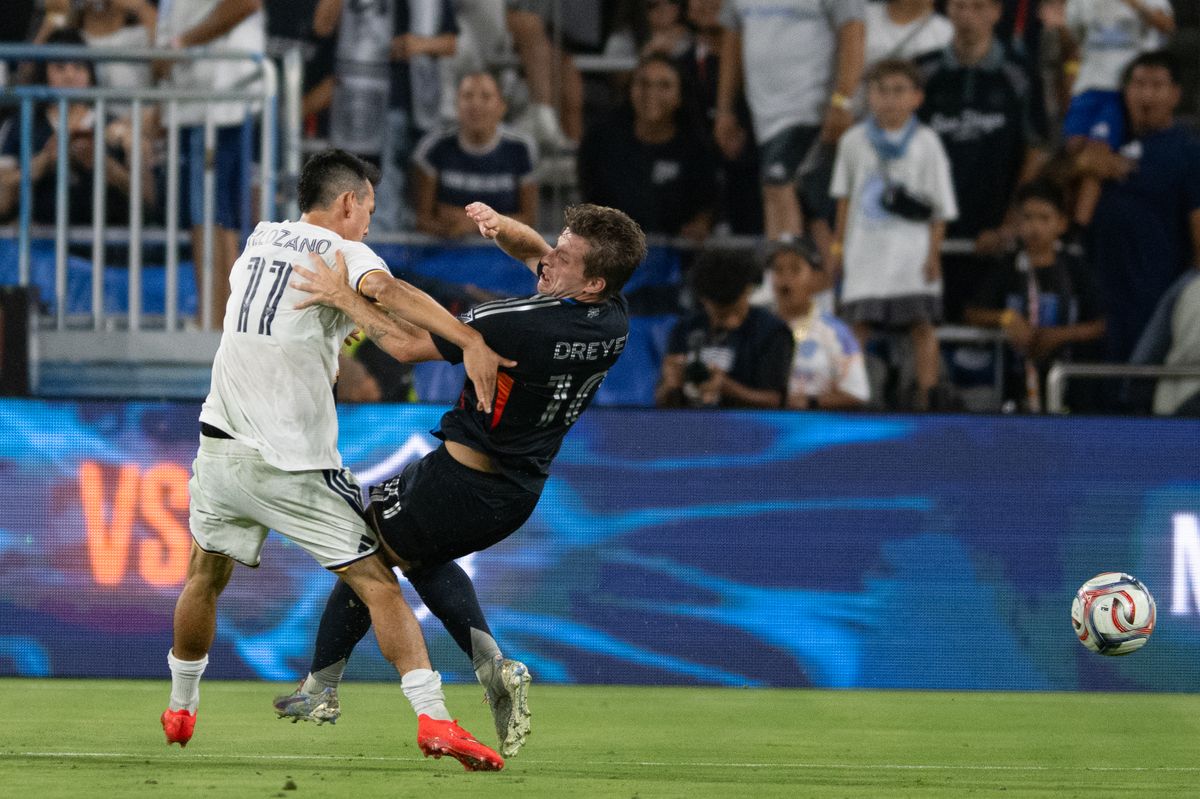 LA Galaxy forward Hirving Lozano (11) tackles San Diego FC forward Anders Dreyer (10) during an MLS match between Los Angeles Galaxy and San Diego SC on Saturday, August 29, 2026 at Snapdragon Stadium in San Diego, California. LA Galaxy forward Hirving Lozano (11) tackles San Diego FC forward Anders Dreyer (10) during an MLS match between Los Angeles Galaxy and San Diego SC on Saturday, August 29, 2026 at Snapdragon Stadium in San Diego, California.