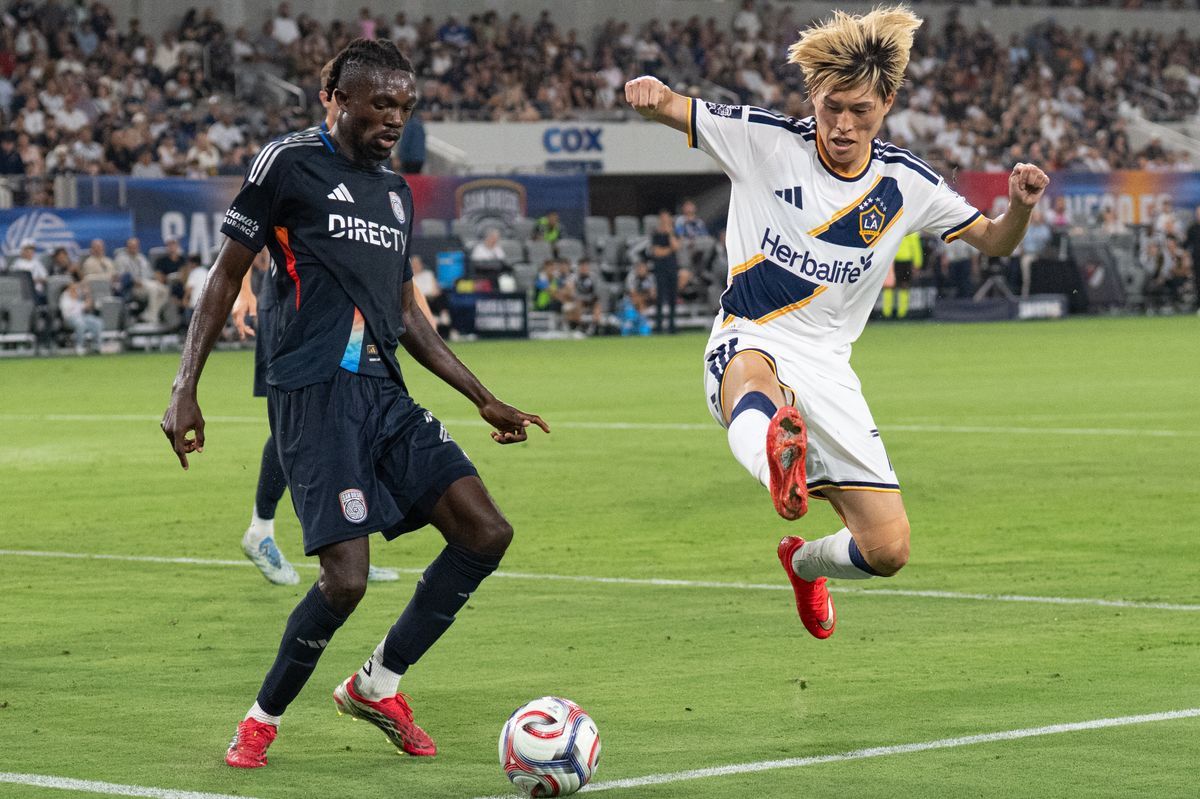 LA Galaxy forward Kyōgo Furuhashi (7) jumps to save a possession during an MLS match between Los Angeles Galaxy and San Diego SC on Saturday, August 29, 2026 at Snapdragon Stadium in San Diego, California. LA Galaxy forward Kyōgo Furuhashi (7) jumps to save a possession during an MLS match between Los Angeles Galaxy and San Diego SC on Saturday, August 29, 2026 at Snapdragon Stadium in San Diego, California.