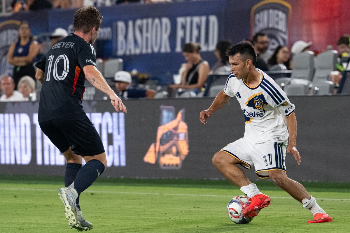 LA Galaxy forward Hirving Lozano (11) squares up against San Diego FC forward Anders Dreyer (10) during an MLS match between Los Angeles Galaxy and San Diego SC on Saturday, August 29, 2026 at Snapdragon Stadium in San Diego, California. LA Galaxy forward Hirving Lozano (11) squares up against San Diego FC forward Anders Dreyer (10) during an MLS match between Los Angeles Galaxy and San Diego SC on Saturday, August 29, 2026 at Snapdragon Stadium in San Diego, California.