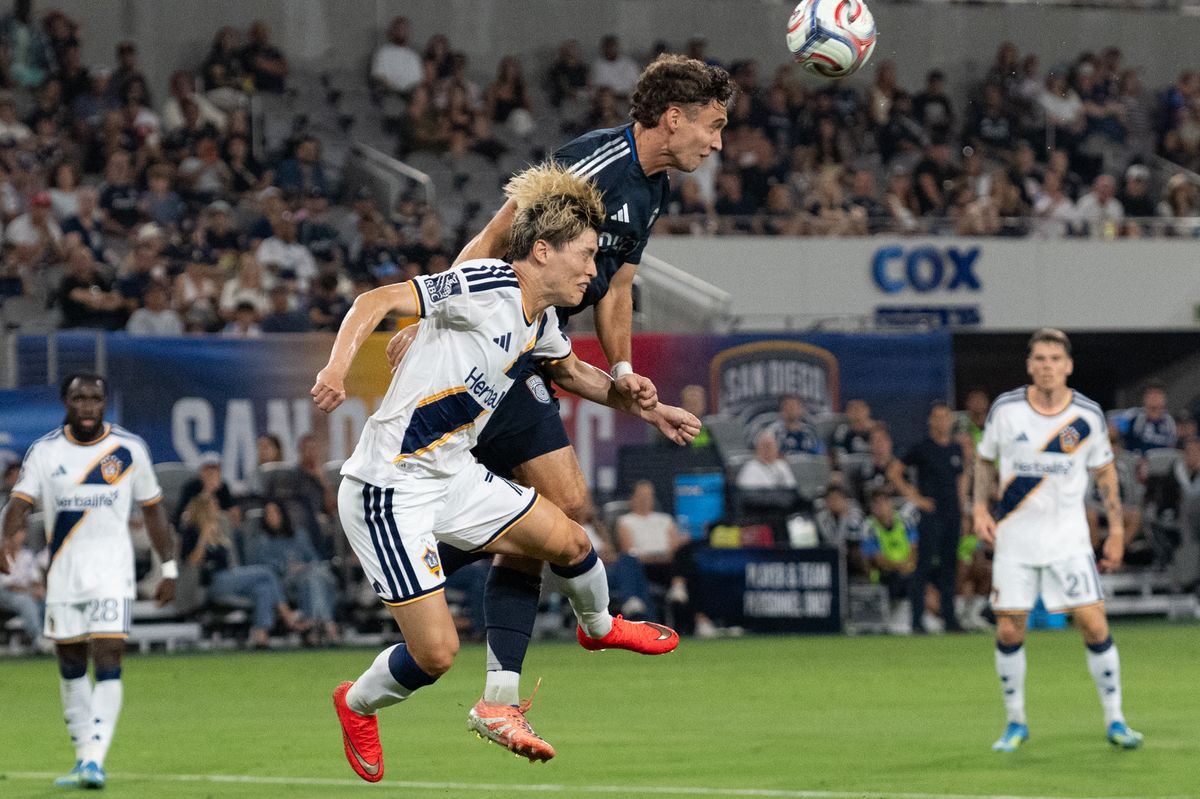 LA Galaxy forward Kyōgo Furuhashi (7) battles for the ball during an MLS match between Los Angeles Galaxy and San Diego SC on Saturday, August 29, 2026 at Snapdragon Stadium in San Diego, California. LA Galaxy forward Kyōgo Furuhashi (7) battles for the ball during an MLS match between Los Angeles Galaxy and San Diego SC on Saturday, August 29, 2026 at Snapdragon Stadium in San Diego, California.
