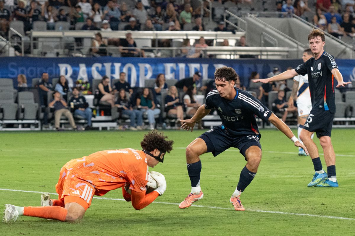 San Diego FC goalkeeper CJ dos Santos (1) makes a save during an MLS match between Los Angeles Galaxy and San Diego SC on Saturday, August 29, 2026 at Snapdragon Stadium in San Diego, California. San Diego FC goalkeeper CJ dos Santos (1) makes a save during an MLS match between Los Angeles Galaxy and San Diego SC on Saturday, August 29, 2026 at Snapdragon Stadium in San Diego, California.