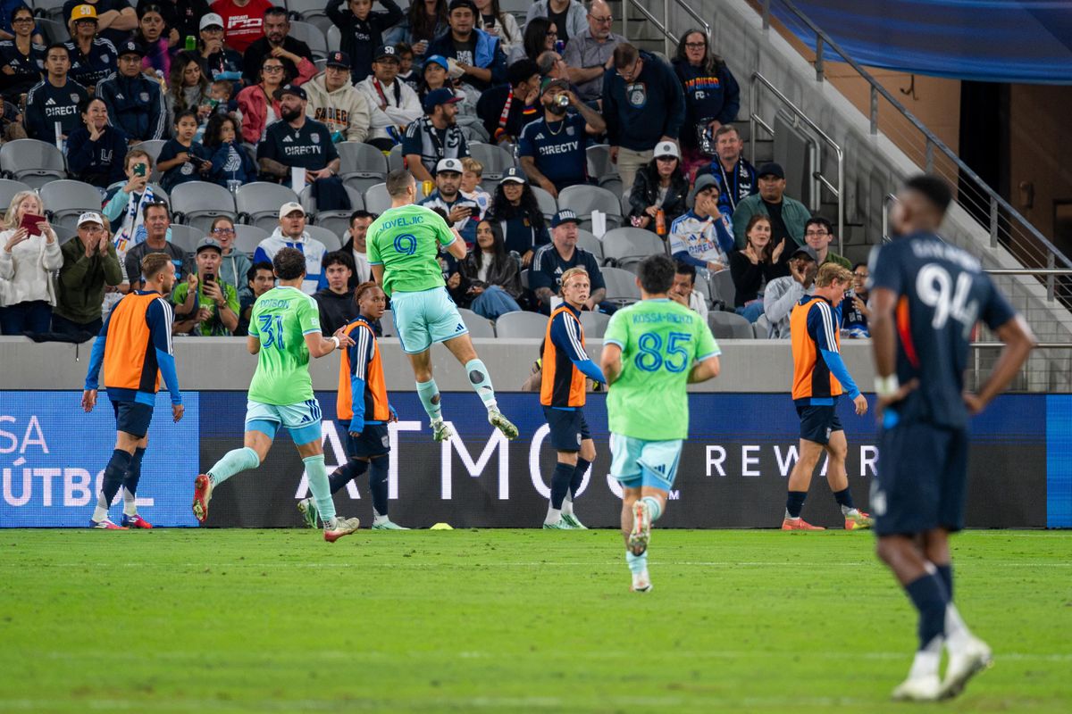 Seattle Sounders forward Dejan Joveljić celebrates his goal with teammates during an MLS soccer game against San Diego FC, Saturday, October 24, 2026 in San Diego, California. Seattle Sounders forward Dejan Joveljić celebrates his goal with teammates during an MLS soccer game against San Diego FC, Saturday, October 24, 2026 in San Diego, California.