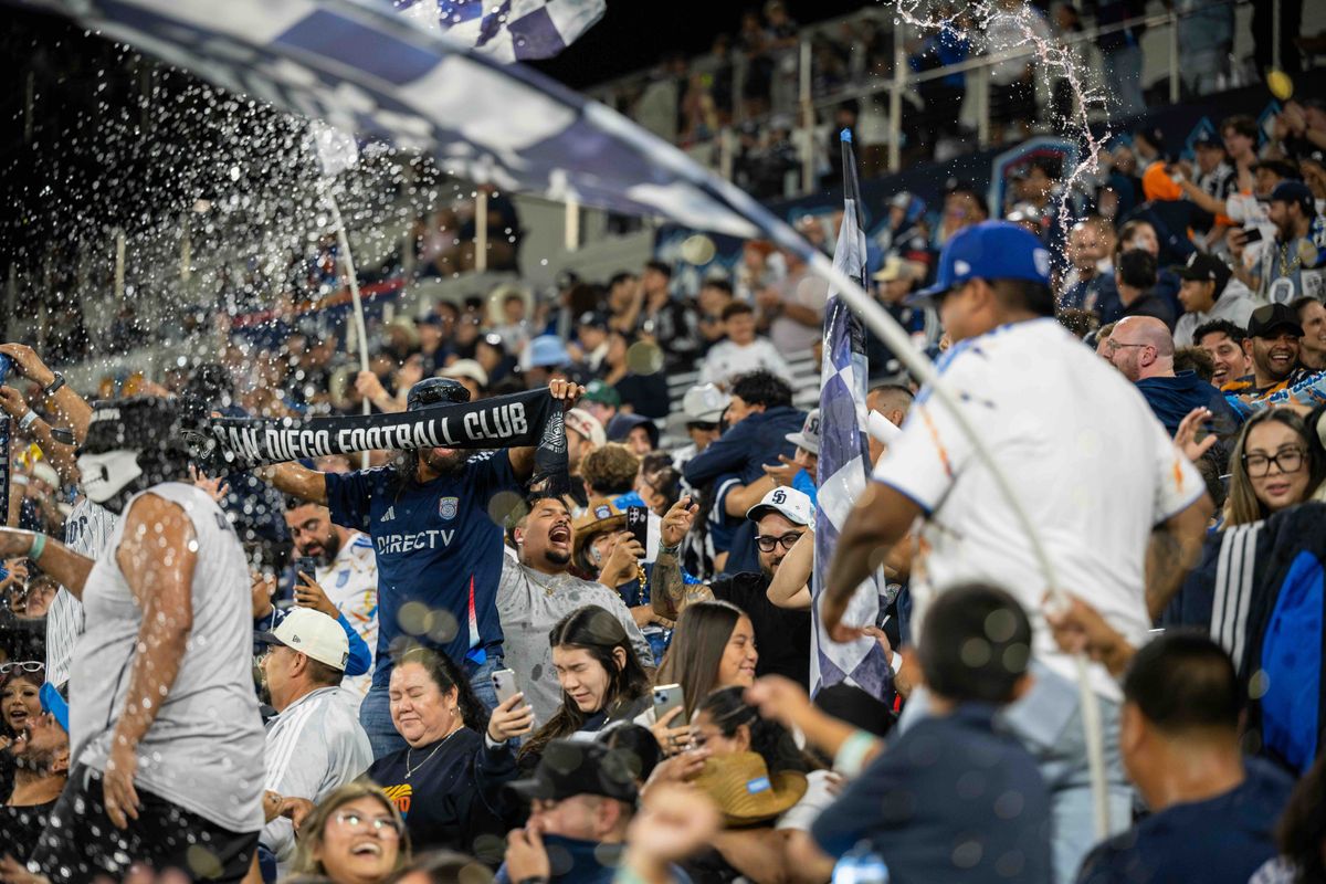 San Diego FC fans celebrating a goal during an MLS soccer game against Seattle Sounders, Saturday, October 24, 2026 in San Diego, California. San Diego FC fans celebrating a goal during an MLS soccer game against Seattle Sounders, Saturday, October 24, 2026 in San Diego, California.