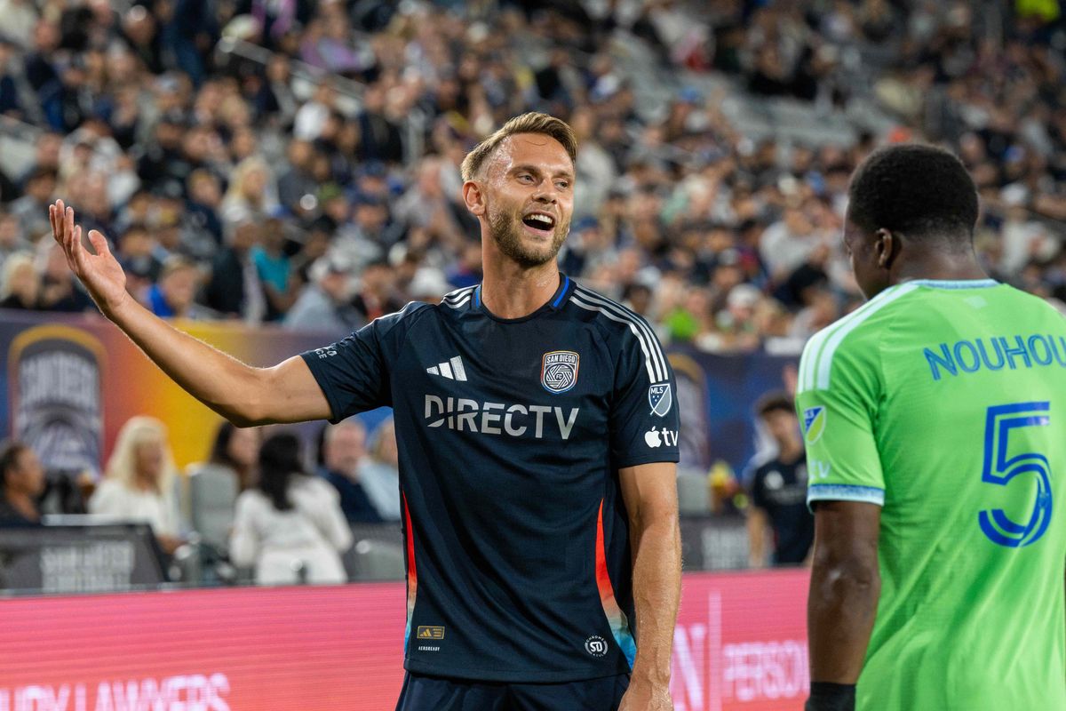 San Diego FC forward Marcus Ingvartsen upset from a referee's decision during an MLS soccer game against Seattle Sounders, Saturday, October 24, 2026 in San Diego, California. San Diego FC forward Marcus Ingvartsen upset from a referee's decision during an MLS soccer game against Seattle Sounders, Saturday, October 24, 2026 in San Diego, California.