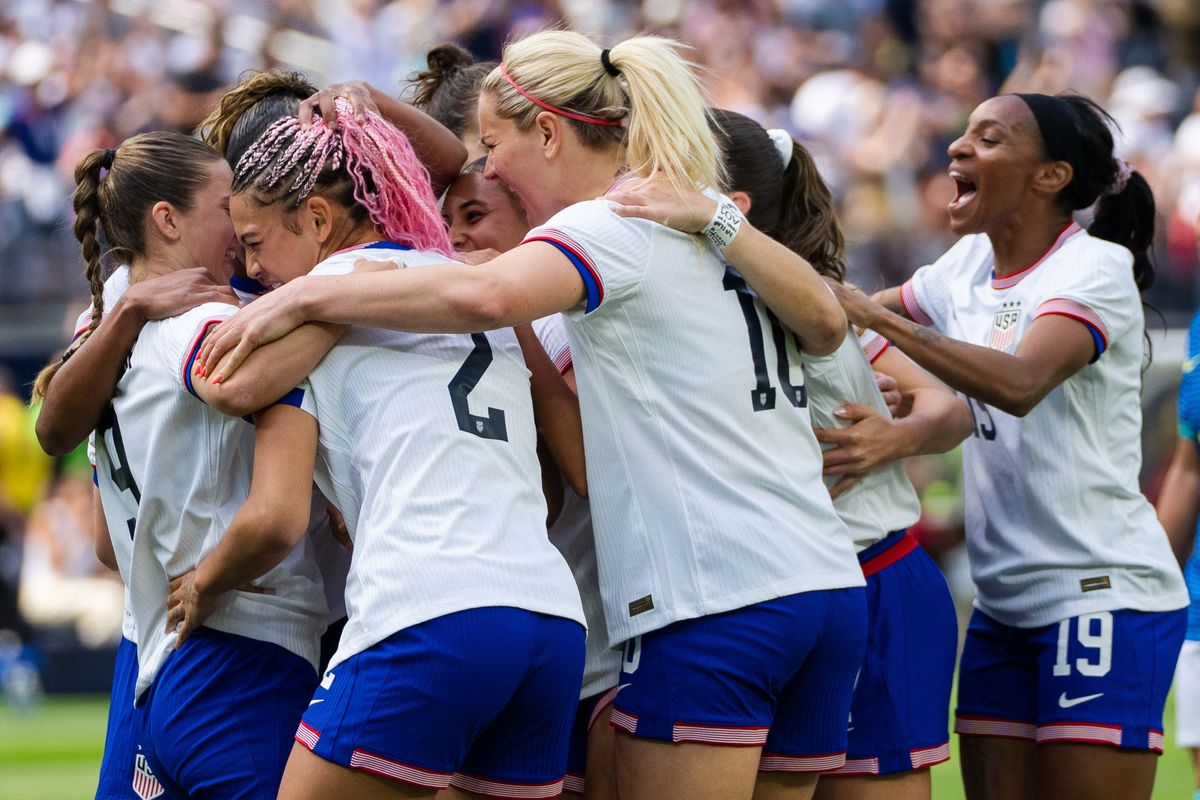 US Women’s National Team celebration goal by forward Trinity Rodman (2) at a friendly match against Brazil on April 5th, 2025 in Inglewood California