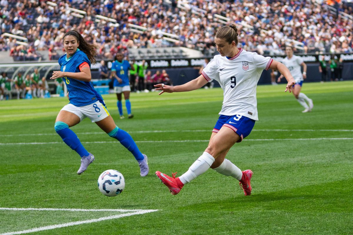 US Women’s National Team forward Ally Sentnor (9) attempting to score at a friendly match against Brazil on April 5th, 2025 in Inglewood California