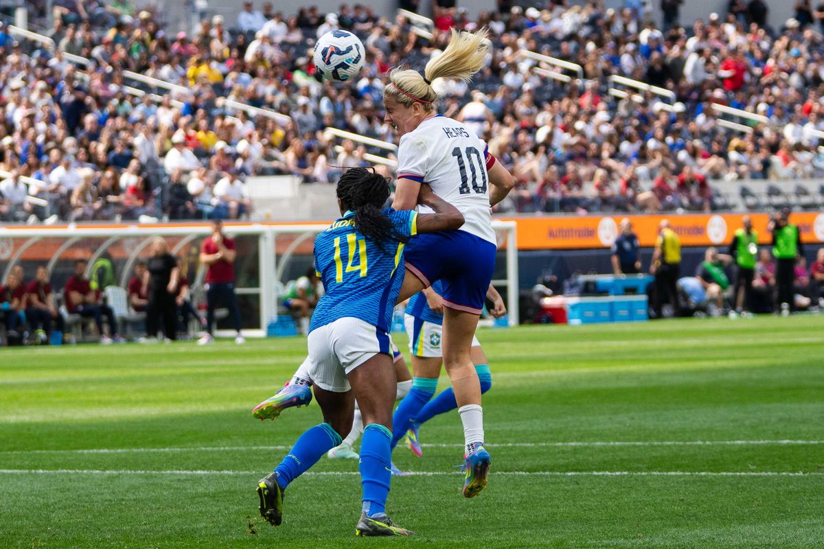 US Women’s National Team midfielder Lindsey Heaps (10) taking a header at a friendly match against Brazil on April 5th, 2025 in Inglewood California