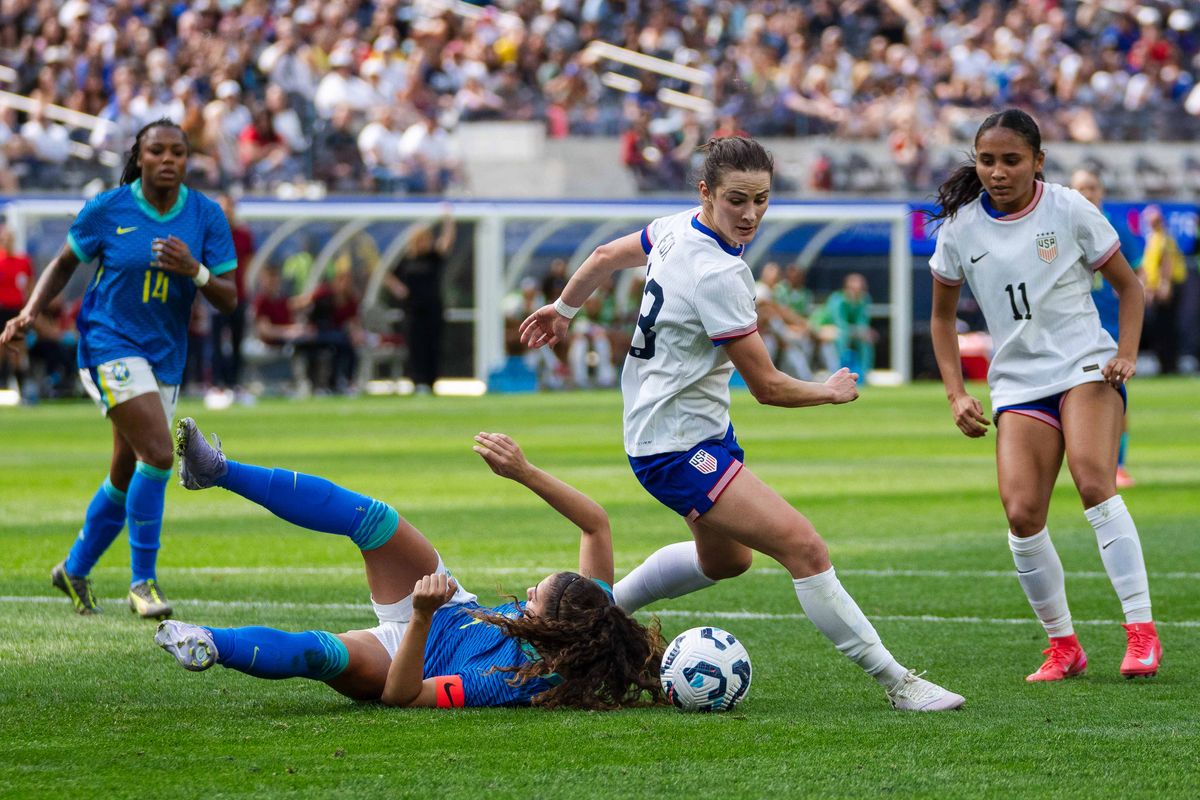 US Women’s National Team defender Emily Fox (23) trips up her opponent at a friendly match against Brazil on April 5th, 2025 in Inglewood California