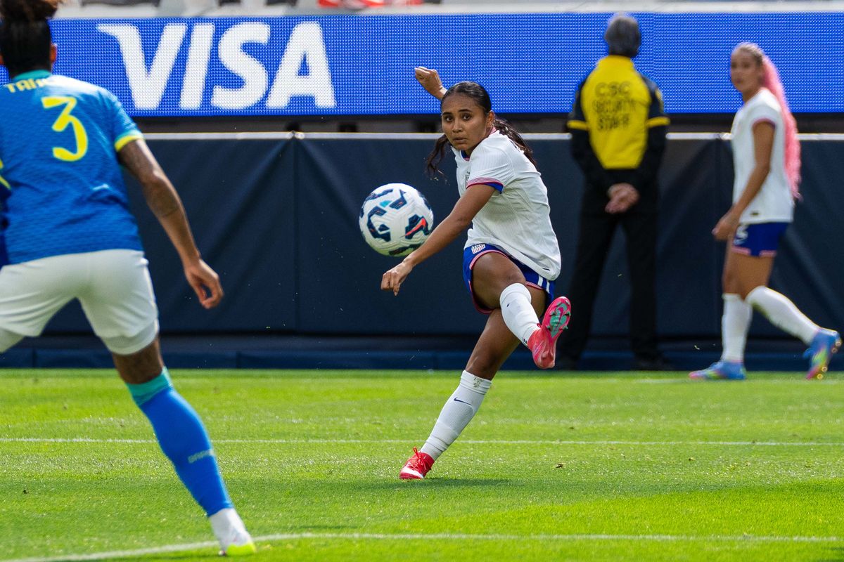 US Women’s National Team forward Alyssa Thompson (11) attempting to score at a friendly match against Brazil on April 5th, 2025 in Inglewood California