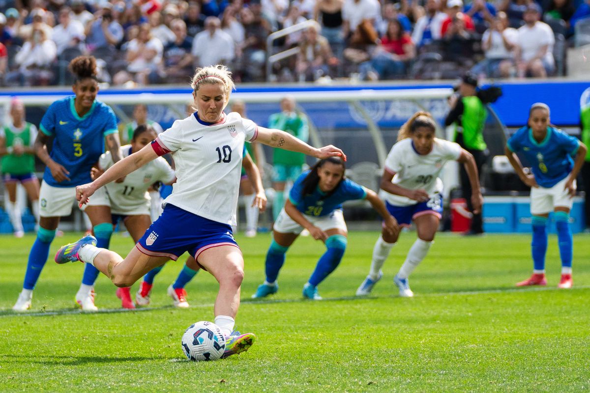 US Women’s National Team midfielder Lindsey Heaps (10) scoring on a penalty kick at a friendly match against Brazil on April 5th, 2025 in Inglewood California